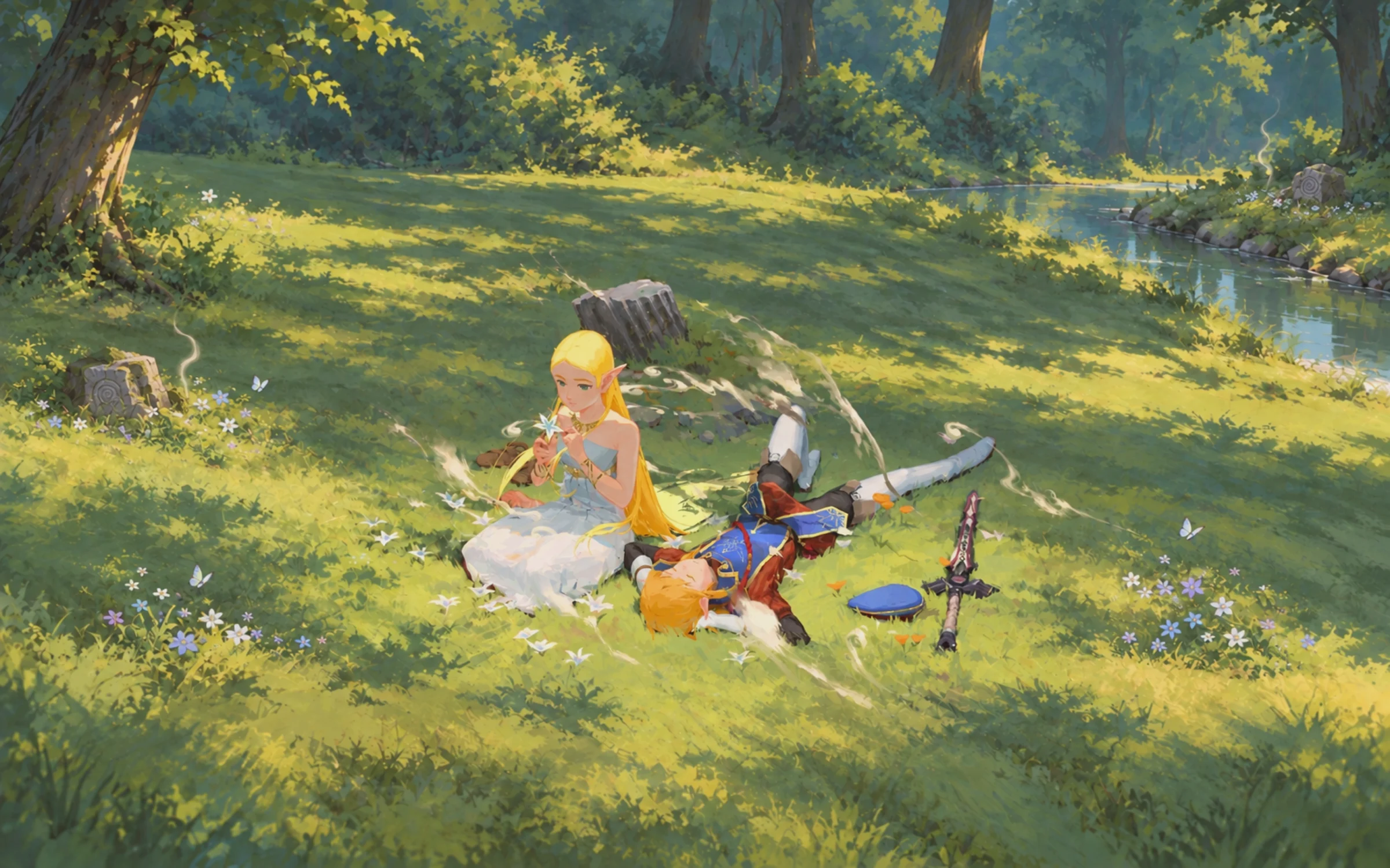 Zelda and Link resting together in a sunlit woodland meadow.